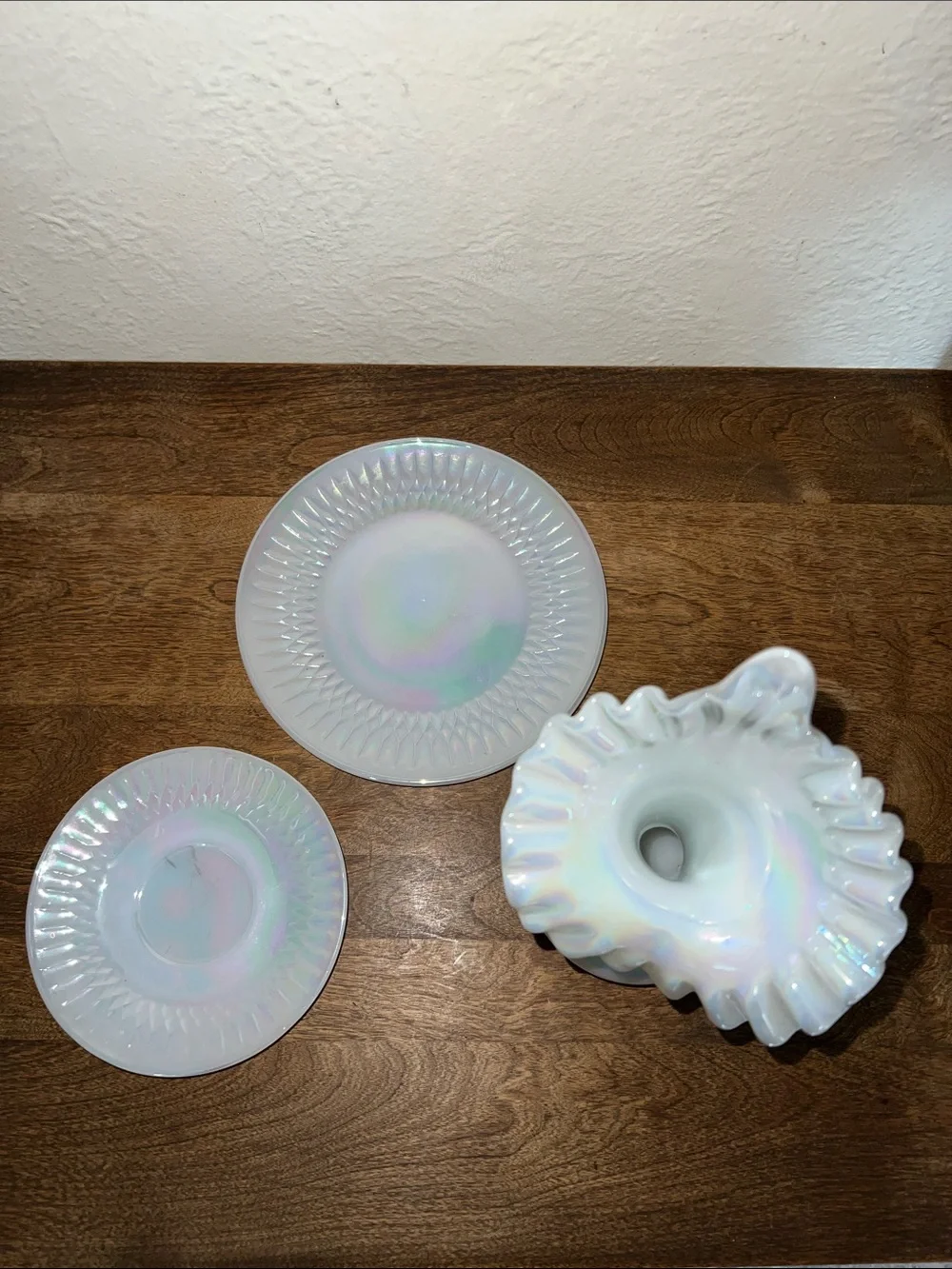 Vintage moonglow iridescent Federal glass vase and plates opalescent white